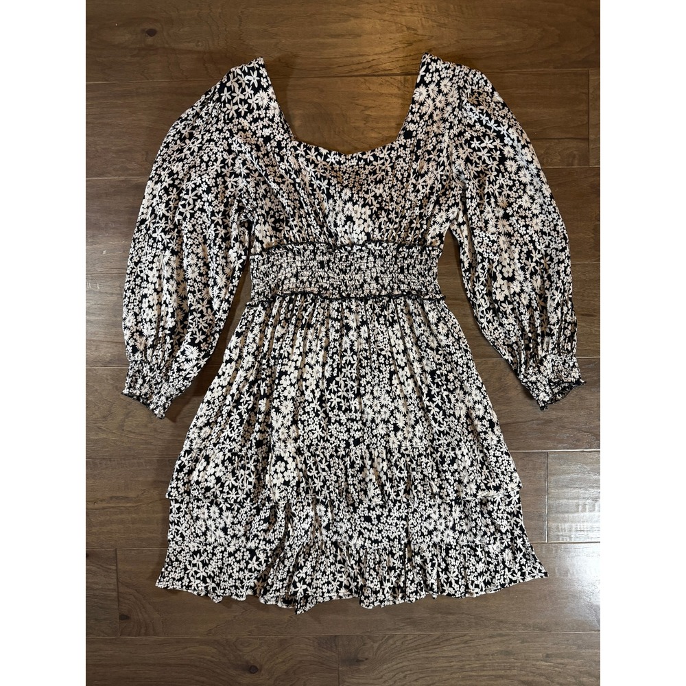 Angie Floral Mini Dress Black White Daisy Smocked Waist Tie Back Long Sleeve L